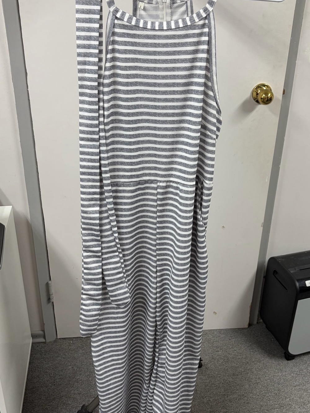 Striped Gray & White Jumpsuit with Belt